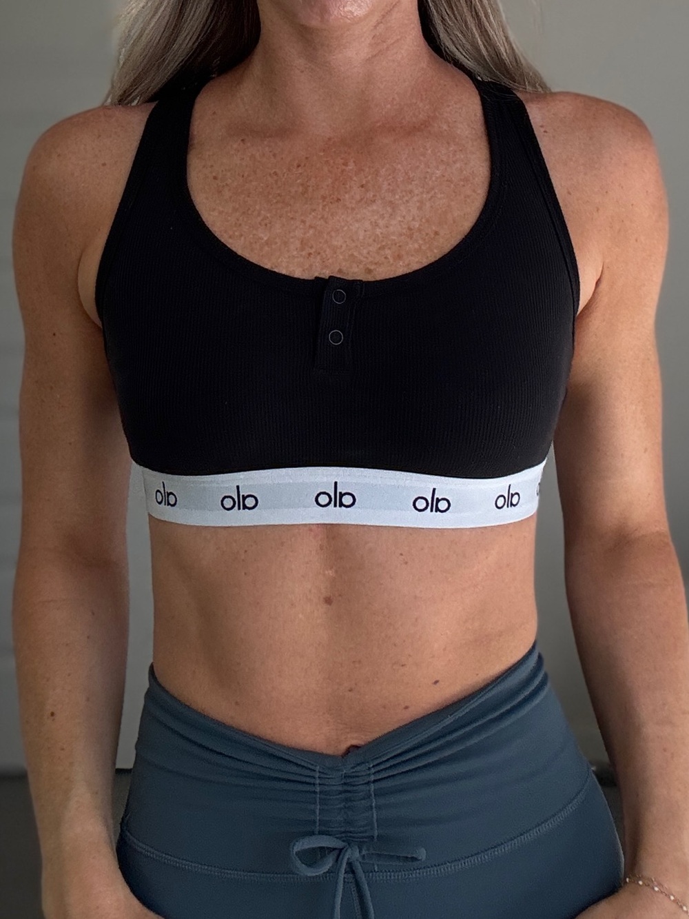 Alo Black Ribbed Sports Bra with White Logo Band